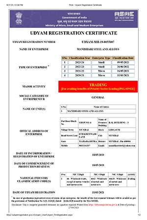 MSA Udyam Registration Certificate